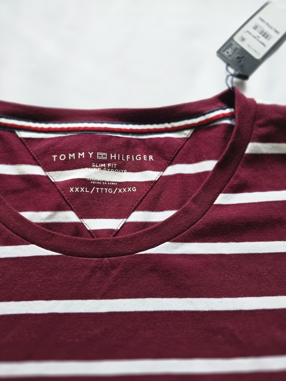 Tommy Hilfiger Maroon and White Striped Short Sleeve Tee